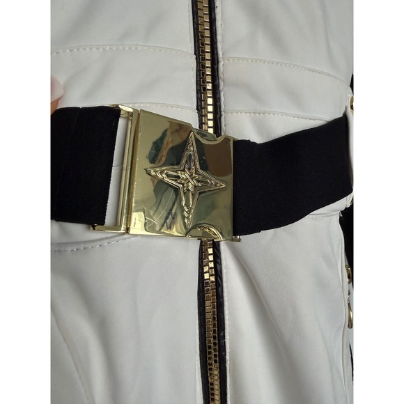 Luxury White Black Gold Fur Hooded Ski Suit Jumpsuit Women's Snowboard US 6 - Picture 6 of 16